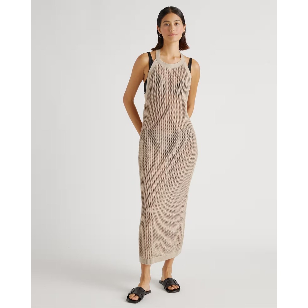 Quince 100% Organic Cotton Open-Knit Cover-Up halter Maxi Dress Size S tan